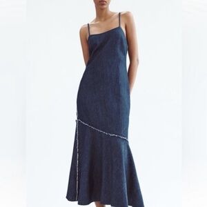 NWT - ZARA Navy Denim Maxi Dress, sleeveless, size LARGE